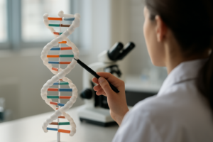 Ilustração de cadeias de DNA entrelaçadas, representando o conceito de linkage na genética e a herança de genes próximos.